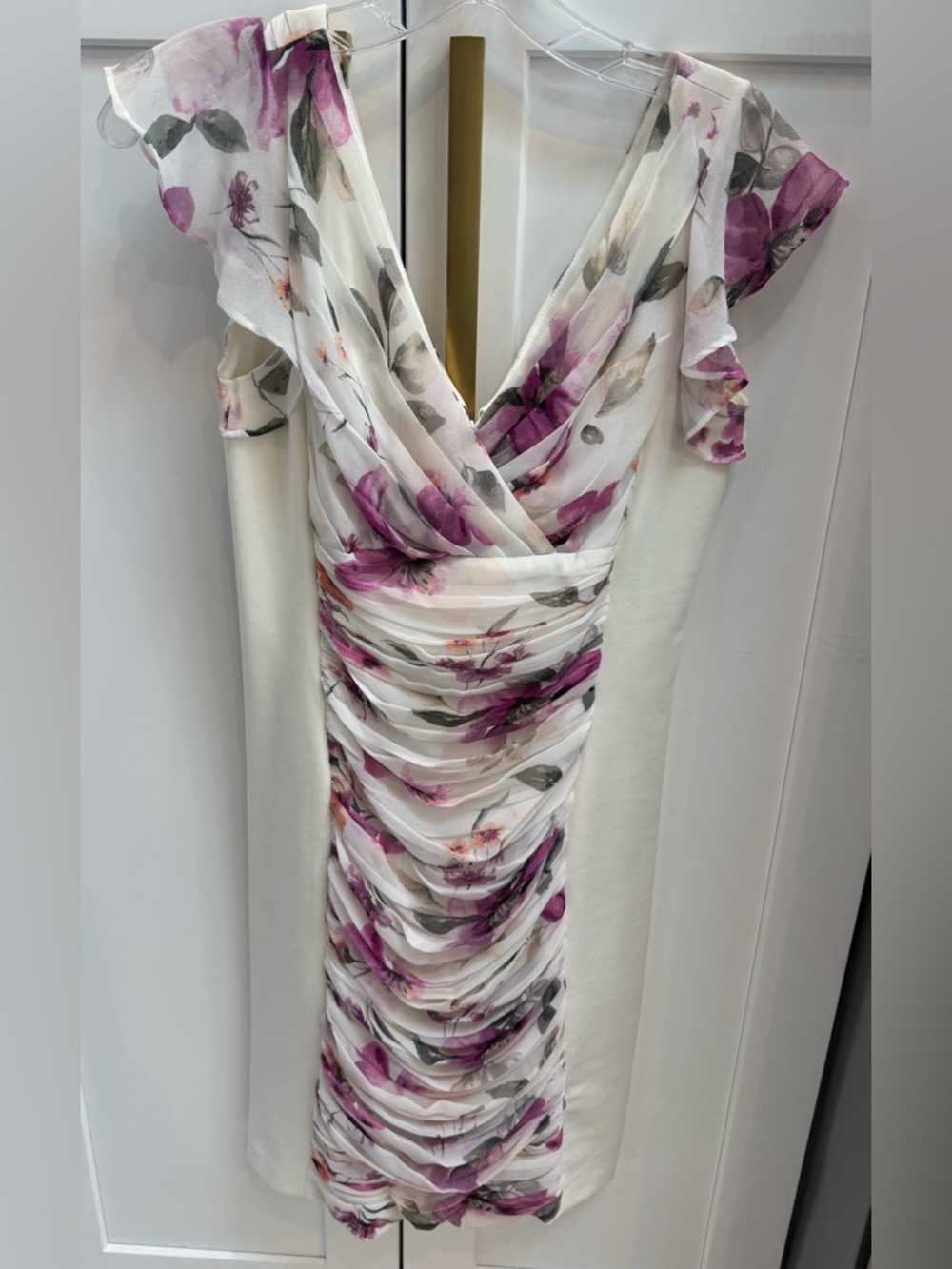 White House Black Market Cream Midi Dress with Purple Floral Print